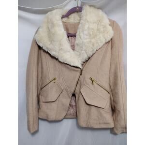 Womens Coat Jacket Blush Lined Asymmetrical Faux Fur Nipped Waist Front Pockets
